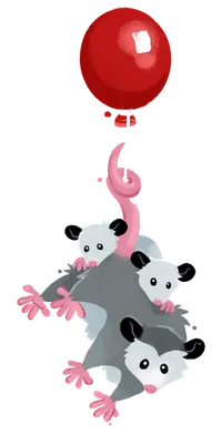 A possum parent and two possum kids hanging from the iconic red balloon